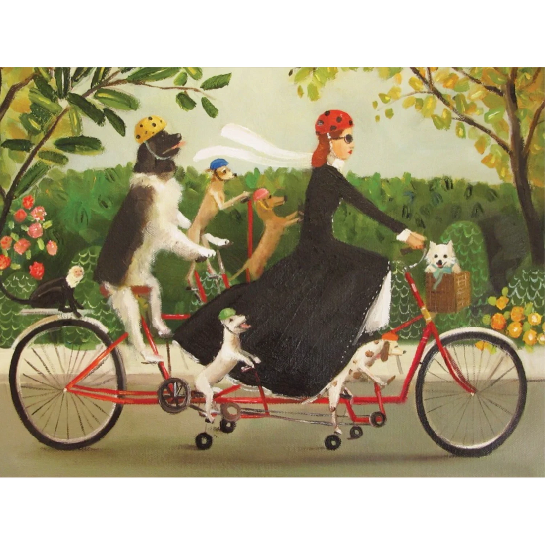 An illustration by artist Janet Hill of a woman and four dogs on a tandem bicycle riding through a garden featuring Miss Moon&
