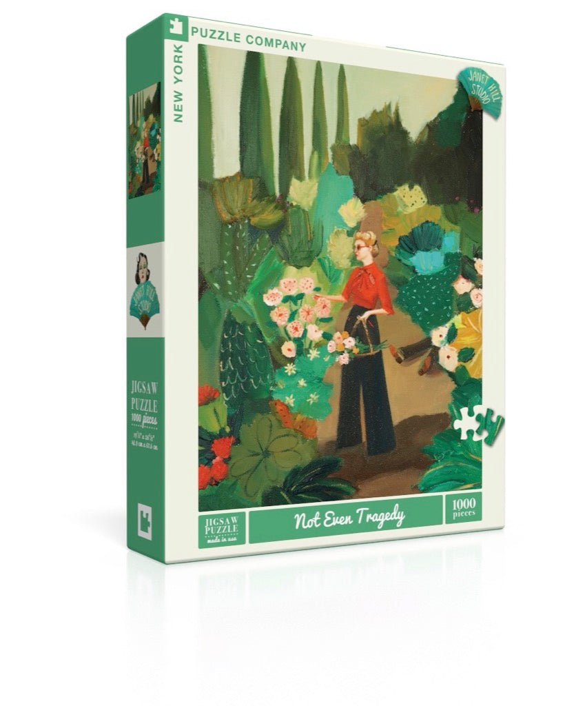 A stylized painting of a person walking through a colorful garden with an array of flowers and plants, now featured as a 1000 Piece Not Even Tragedy Puzzle by New York Puzzle Company.
