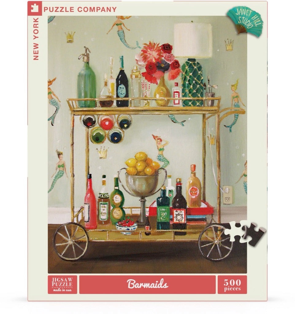 A Barmaids Puzzle box with a picture of a bar cart by New York Puzzle Company.