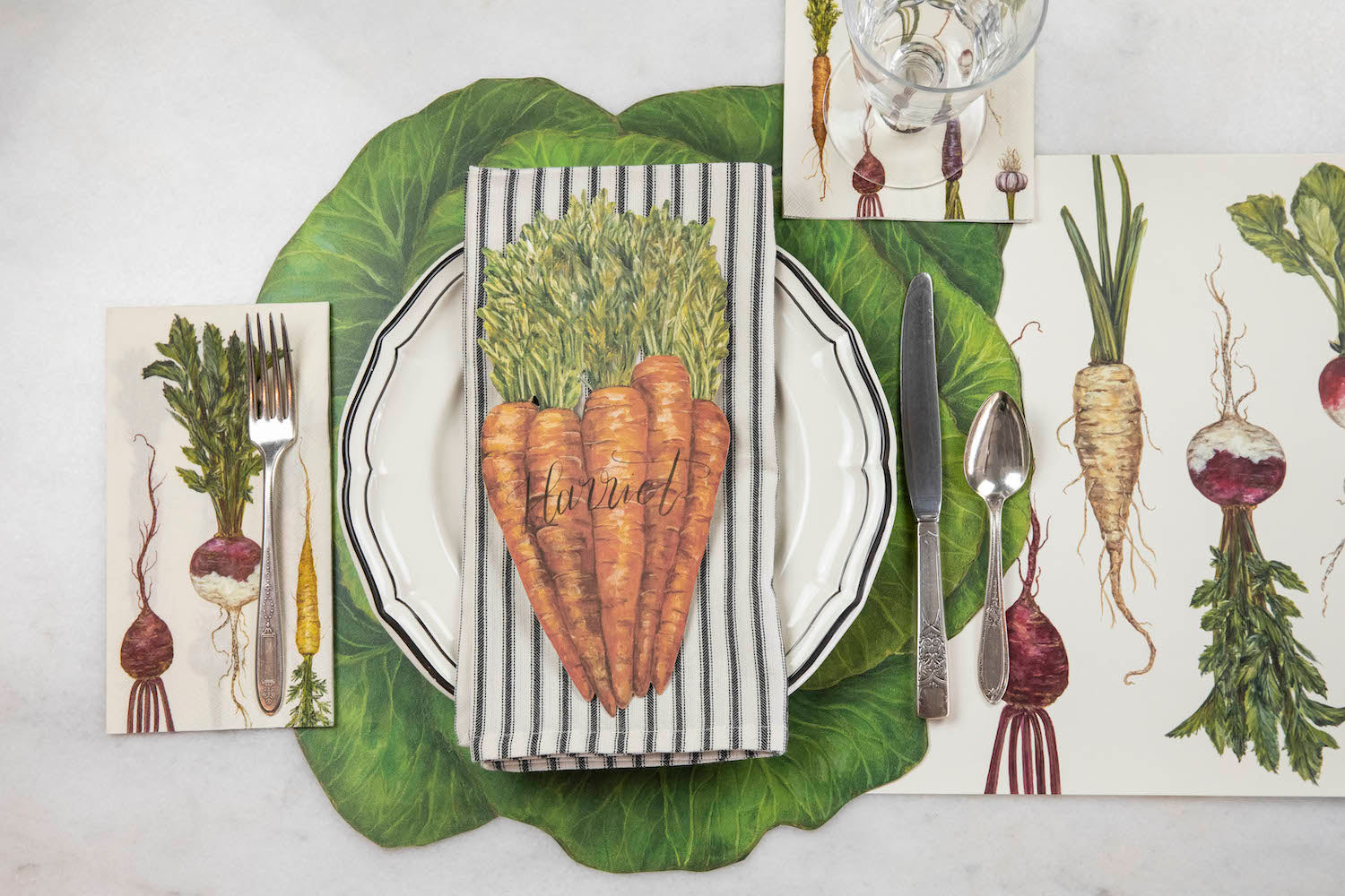 A rustic place setting from above, featuring a Farmers&