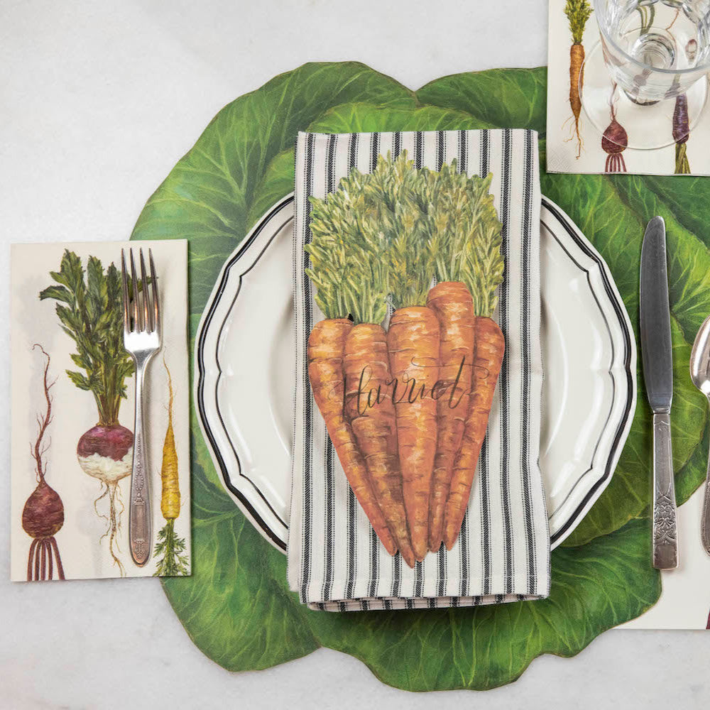 A rustic place setting from above, featuring a Farmers&