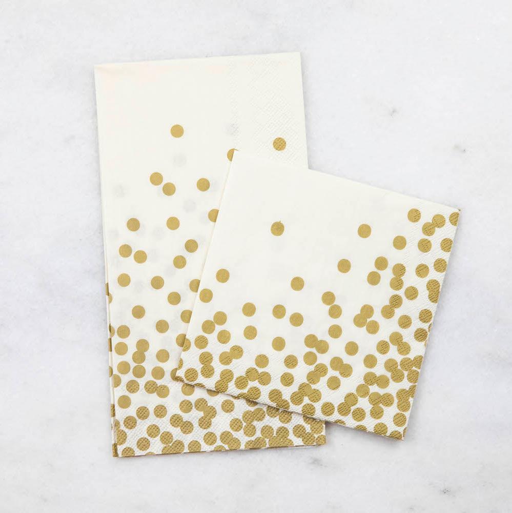 Two Gold Confetti Napkins, one Guest and one Cocktail, together on a white table.