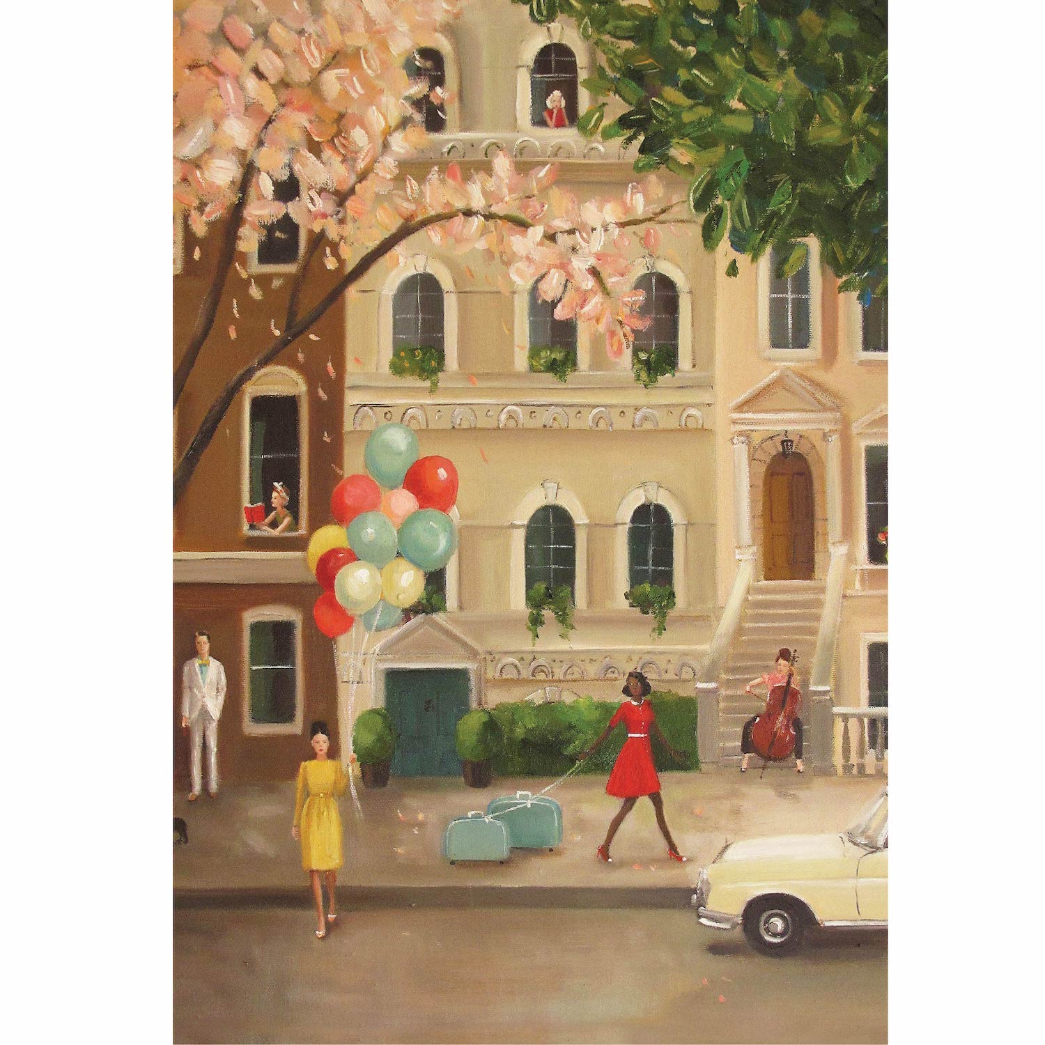 The back side of each sheet in the notepad: a painterly illustration of a townhome exterior, with various vintage-dressed people on the sidewalk: a woman in a yellow dress holding balloons, a woman in a red dress pulling teal suitcases, a man in a white suit leaning on a the wall, and a lady playing a cello sitting on the stoop.