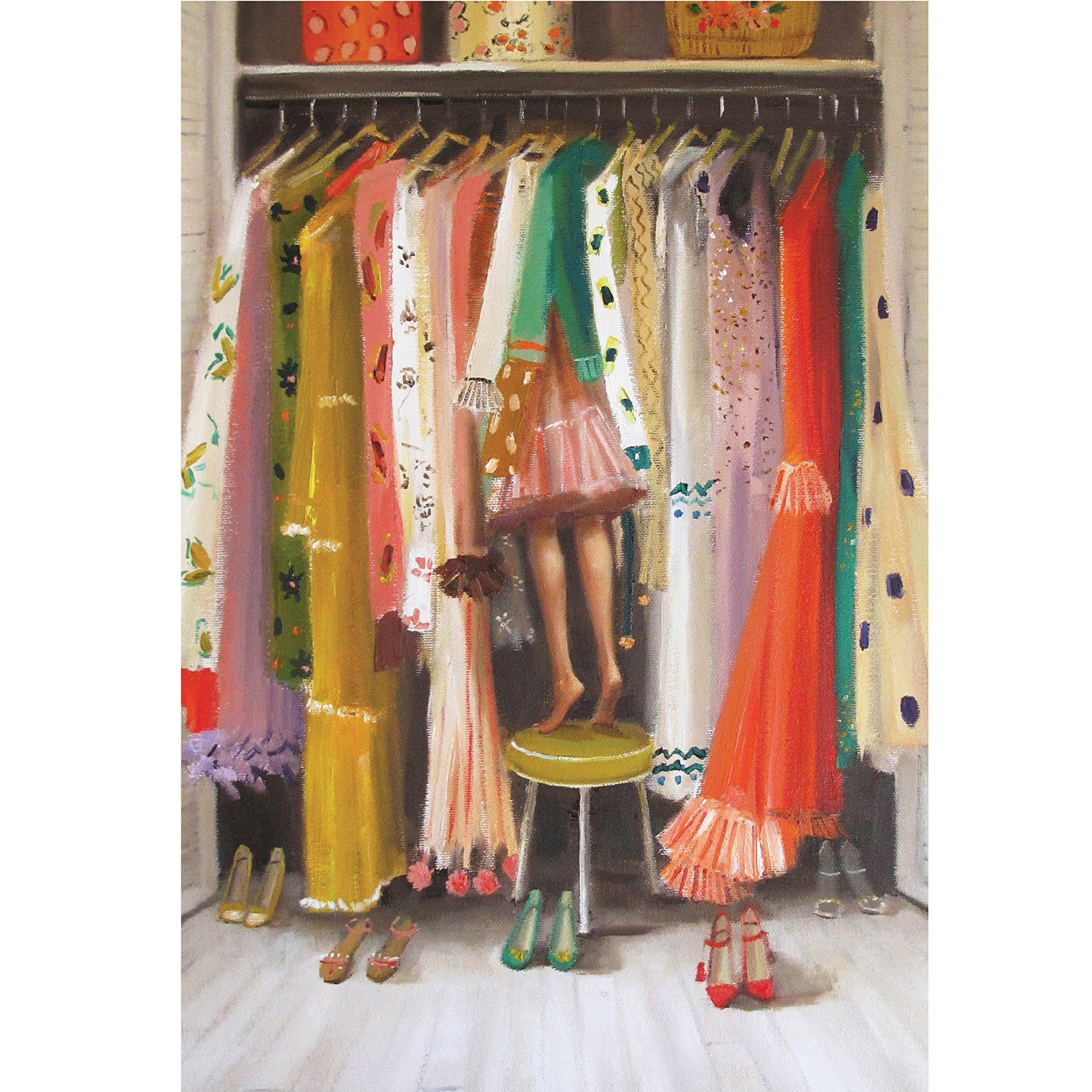 An illustration of a Lonnie Lightfoot notepad cover featuring a variety of colorful dresses hanging in a closet, with a small stool and several pairs of shoes at the bottom. This Hester &amp; Cook notepad is spiral.