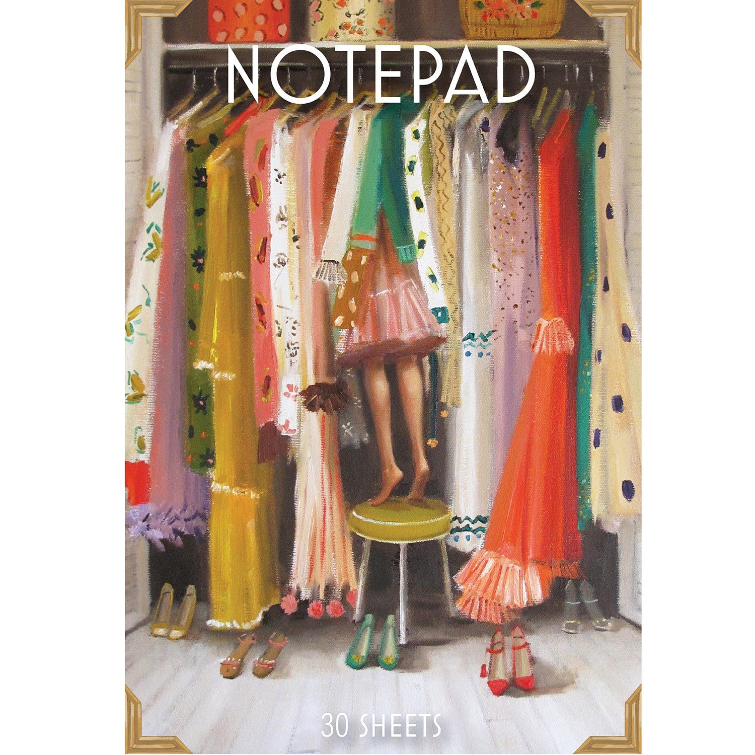 The front cover of the Lonnie Lightfoot Notepad, featuring a painterly illustration of a closet crammed full of colorful vintage dresses with high-heel shoes on the floor. The legs and pink dress of a little girl can be seen as she stands of tip-toes on a stool and leans into the closet to explore the clothes inside. The word &quot;NOTEPAD&quot; is printed in white across the top, and &quot;30 SHEETS&quot; across the bottom. 