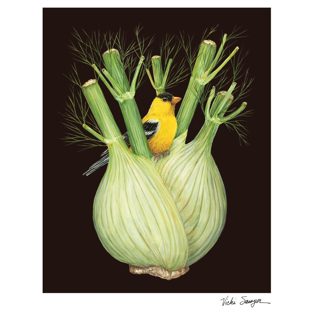 A yellow bird perched on a stalk of fennel, printed by Hester &amp; Cook.