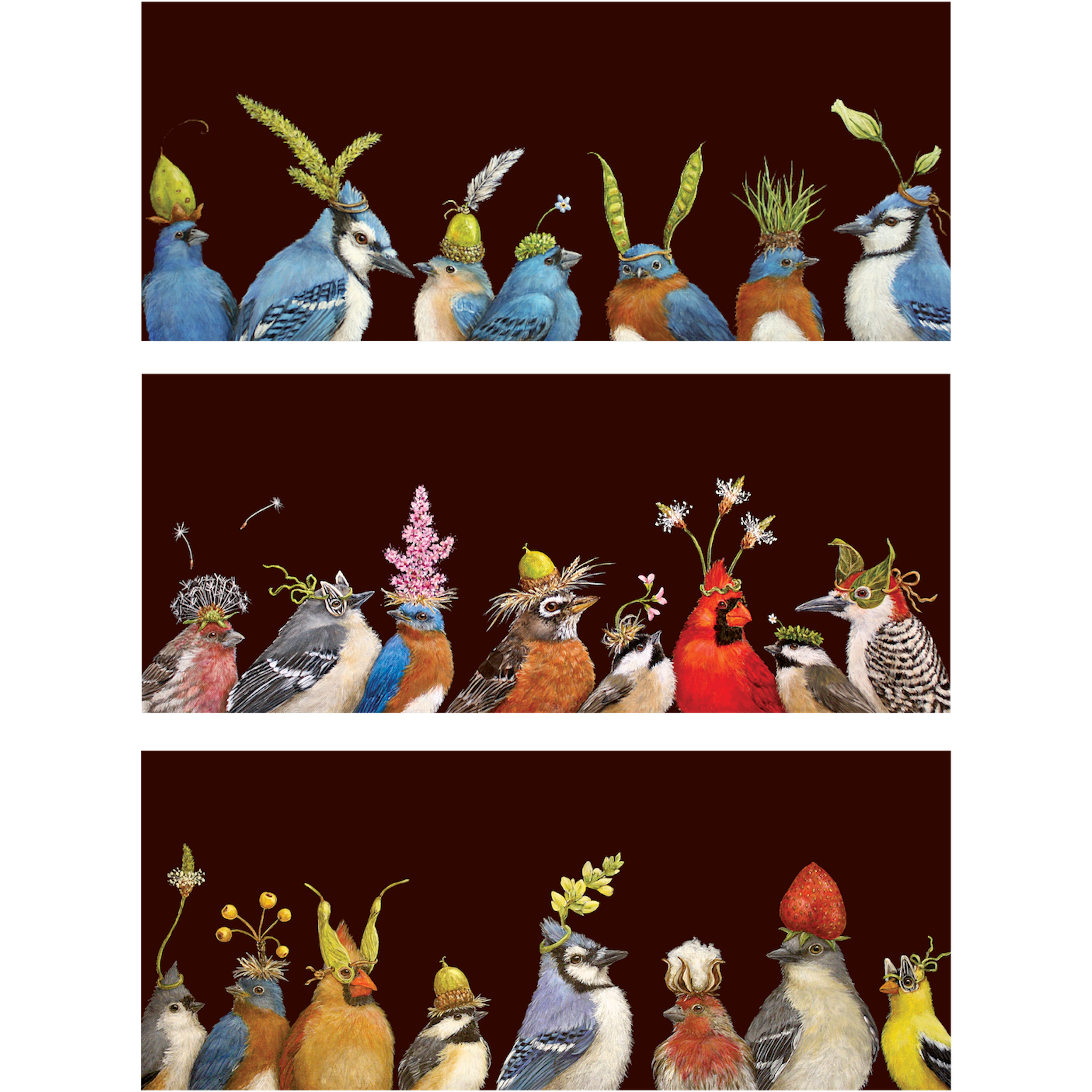 Three different long horizontal greeting cards with dark brown backgrounds, each design featuring a row of charming illustrated birds wearing various floral and botanical hats.