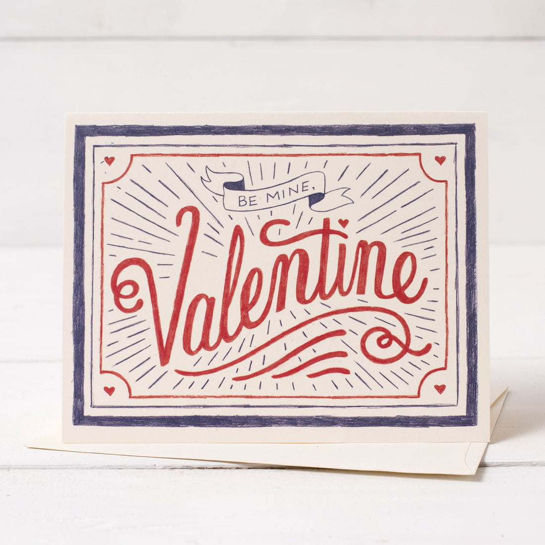 Custom Be Mine, Valentine Card with red, white, and blue lettering by Hester &amp; Cook.