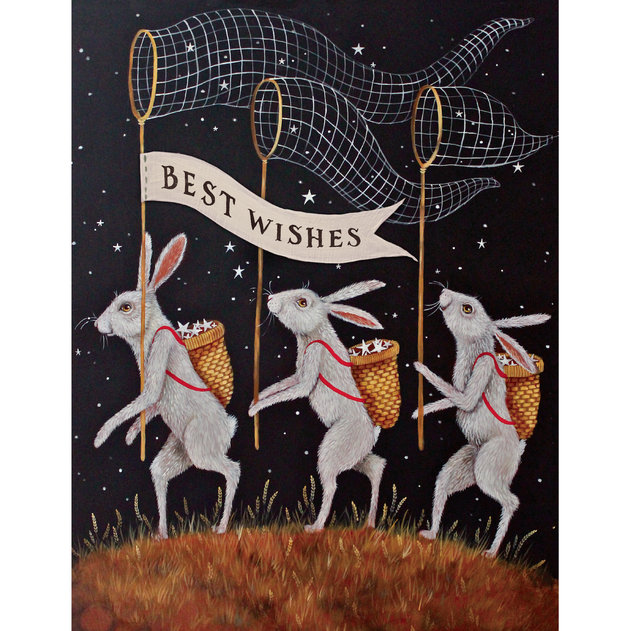 A whimsical illustration of three white rabbits walking in a line, catching stars out of the night sky with nets and collecting them in woven baskets on their backs; one net pole has a banner reading &quot;BEST WISHES&quot; trailing behind. 