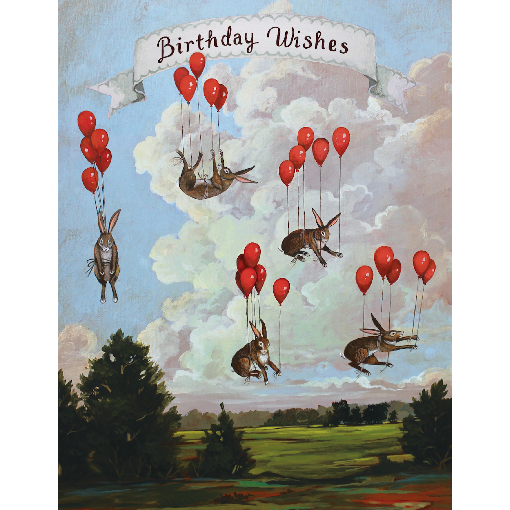 A whimsical illustration of five brown rabbits floating through the cloudy blue sky by the strings of red balloons over a green landscape, with a banner reading "Birthday Wishes" across the top of the card.