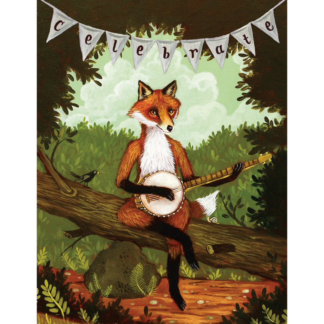 A whimsical illustration of a fox playing a banjo in the woods, with a banner reading &quot;celebrate&quot; hanging from above.