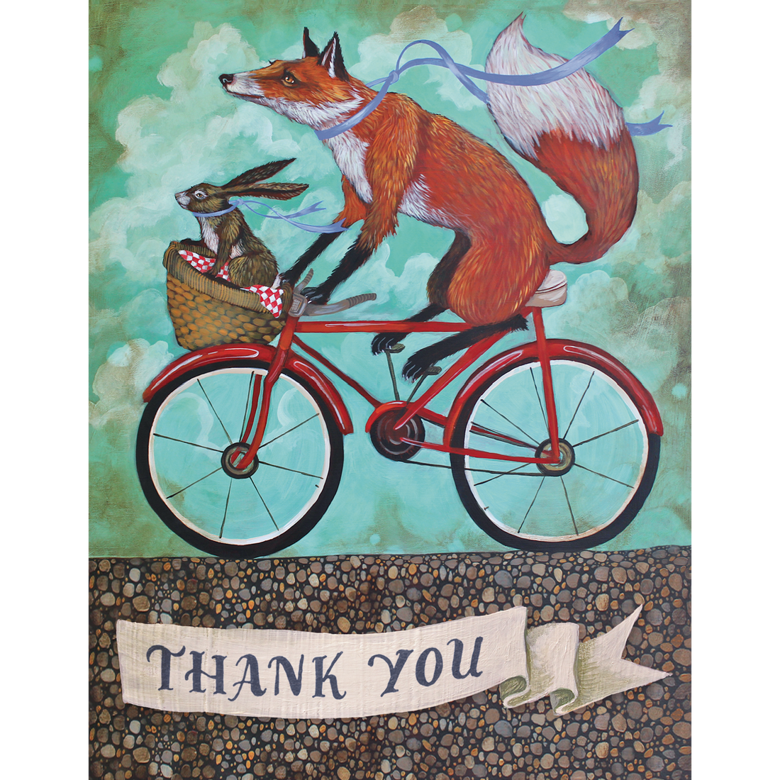 A whimsical illustration of a fox riding a red bicycle with a brown rabbit riding in the basket, both with blue ribbons trailing from their necks, over a cloudy teal sky on a pebbly ground, with &quot;THANK YOU&quot; printed on a white banner across the bottom of the card.