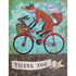 A whimsical illustration of a fox riding a red bicycle with a brown rabbit riding in the basket, both with blue ribbons trailing from their necks, over a cloudy teal sky on a pebbly ground, with "THANK YOU" printed on a white banner across the bottom of the card.