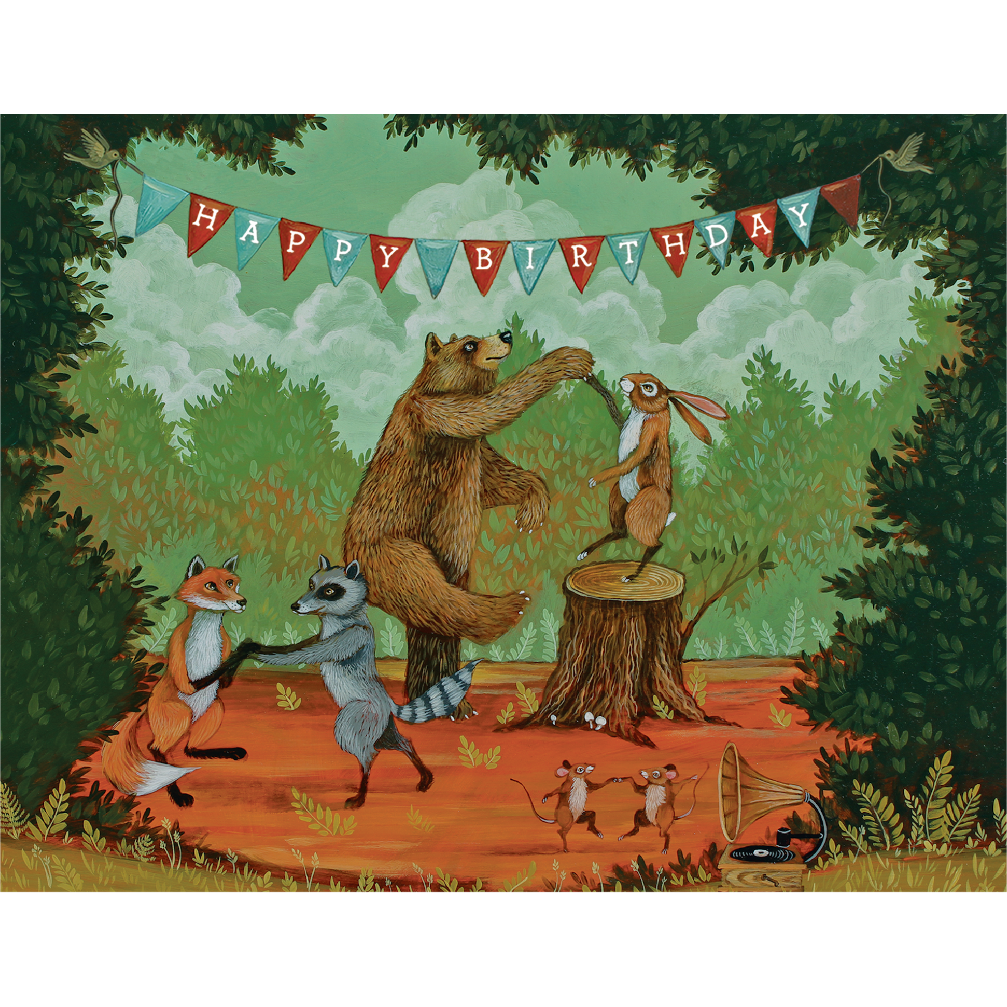 A whimsical illustration of a forest dance party featuring a bear, rabbit, fox, raccoon and mice having fun under a banner that says &quot;HAPPY BIRTHDAY&quot;.