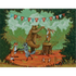 A whimsical illustration of a forest dance party featuring a bear, rabbit, fox, raccoon and mice having fun under a banner that says "HAPPY BIRTHDAY".