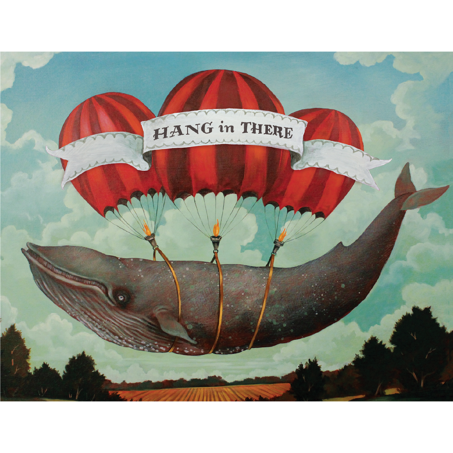 A whimsical illustration of a gray whale sailing through the cloudy blue sky by three red hot air balloons tied around its body, with a white banner reading &quot;HANG IN THERE&quot; flowing in front of the balloons.