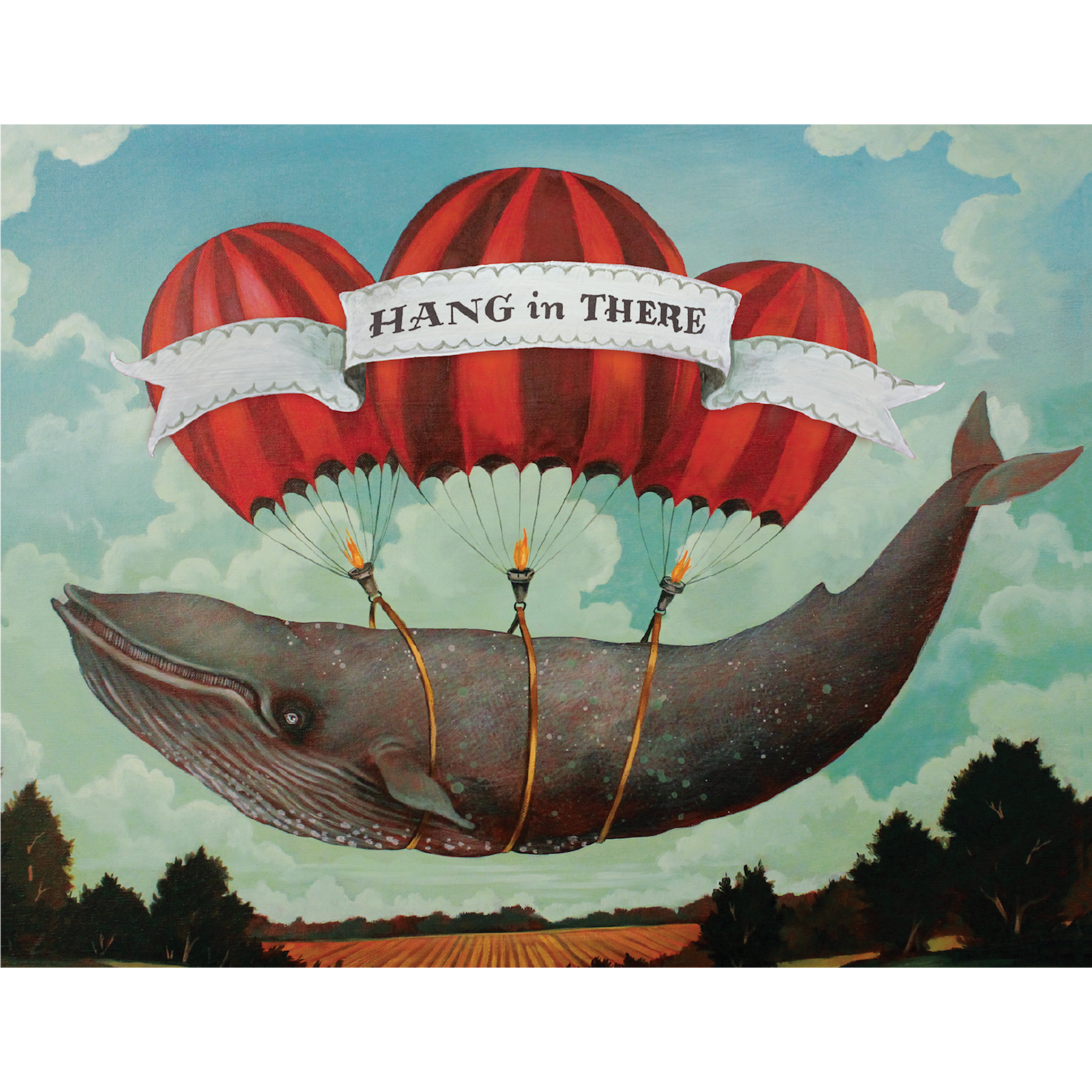 A whimsical illustration of a gray whale sailing through the cloudy blue sky by three red hot air balloons tied around its body, with a white banner reading &quot;HANG IN THERE&quot; flowing in front of the balloons.