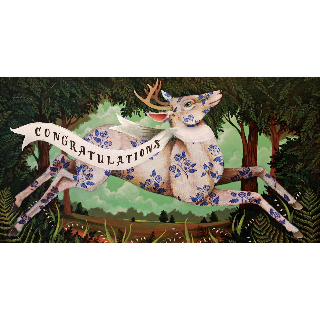A whimsical illustration of a white deer covered in a blue floral print pattern bounding through a lush forest with a white scarf trailing from its neck that reads &quot;CONGRATULATIONS&quot;.