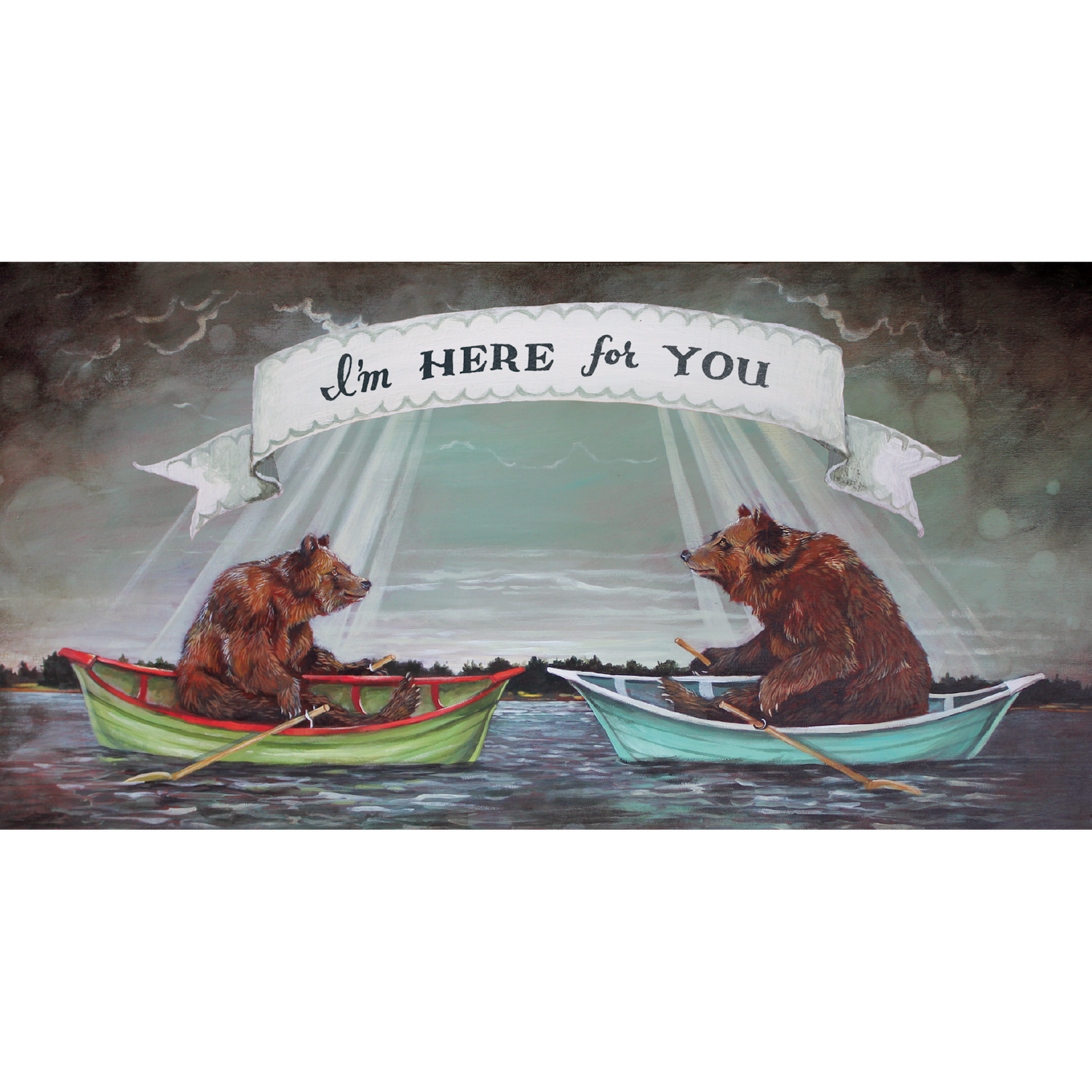 A whimsical illustration of two brown bears sitting in their own canoes on a vast lake, facing each other under stormy skies. Above them is a white banner that reads &quot;I&
