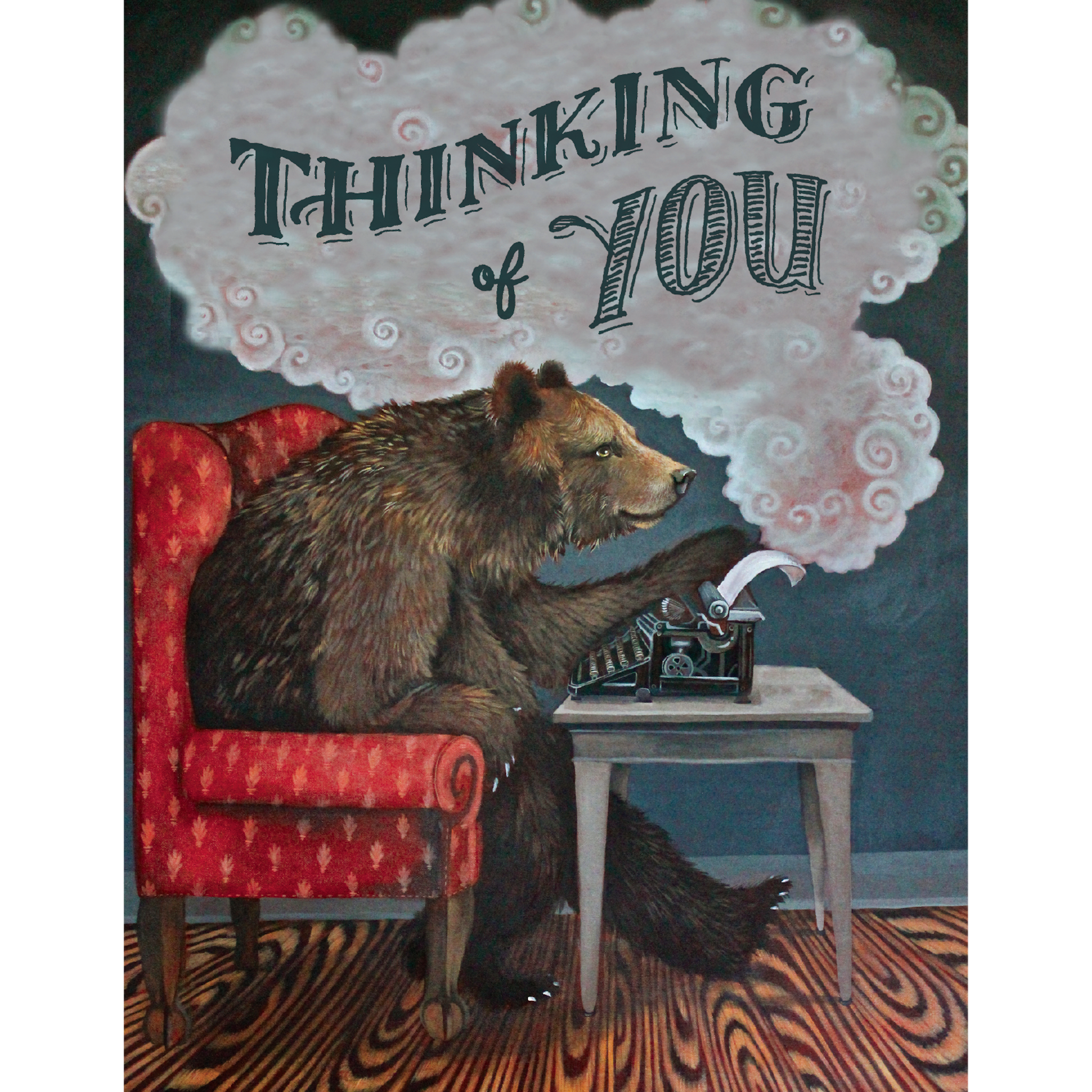 A bear seated on a red chair using an old-fashioned rotary phone, with a thought bubble reading &quot;thinking of you&quot; above it. This image is featured on an original artwork Thinking of You card by Hester &amp; Cook.
