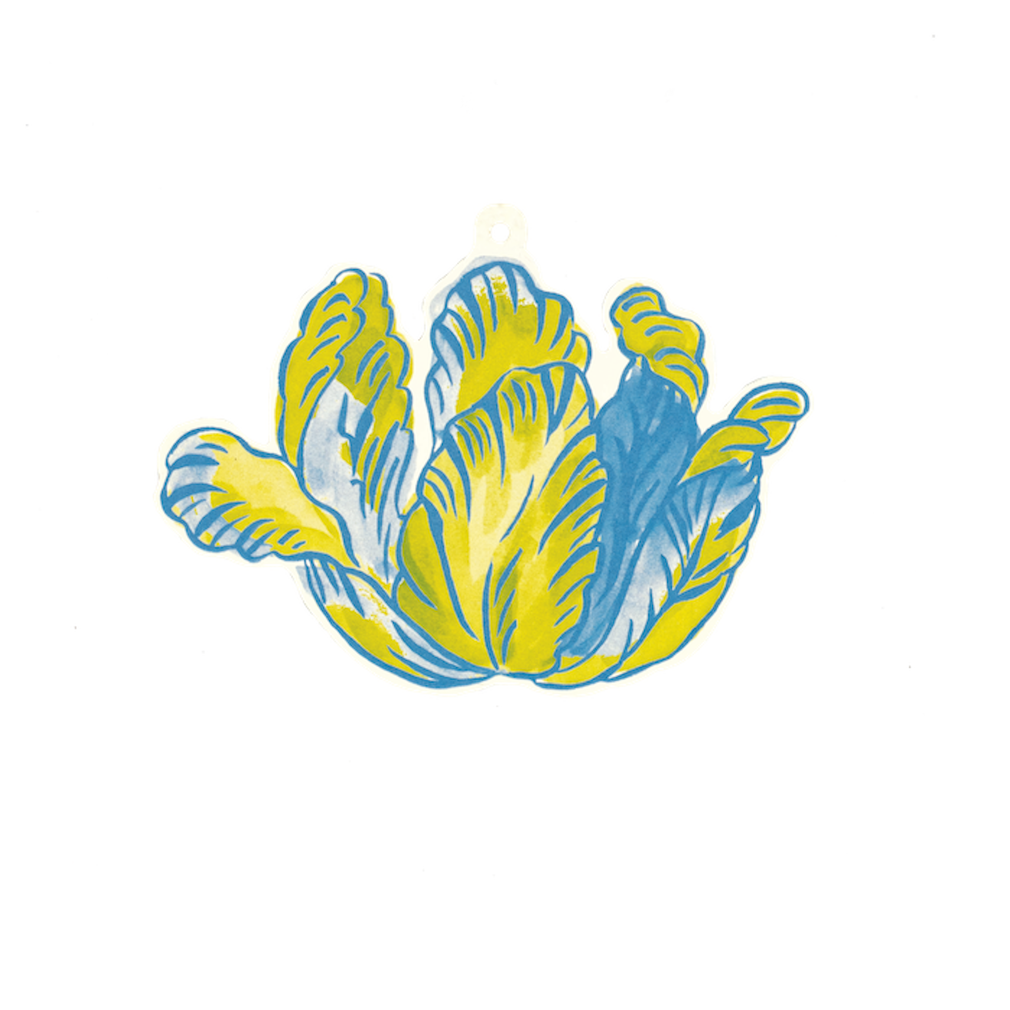 Illustration of a stylized, blue and yellow feathered design on a dark background, inspired by the Hester &amp; Cook Jardiniere Gift Tag collaboration.