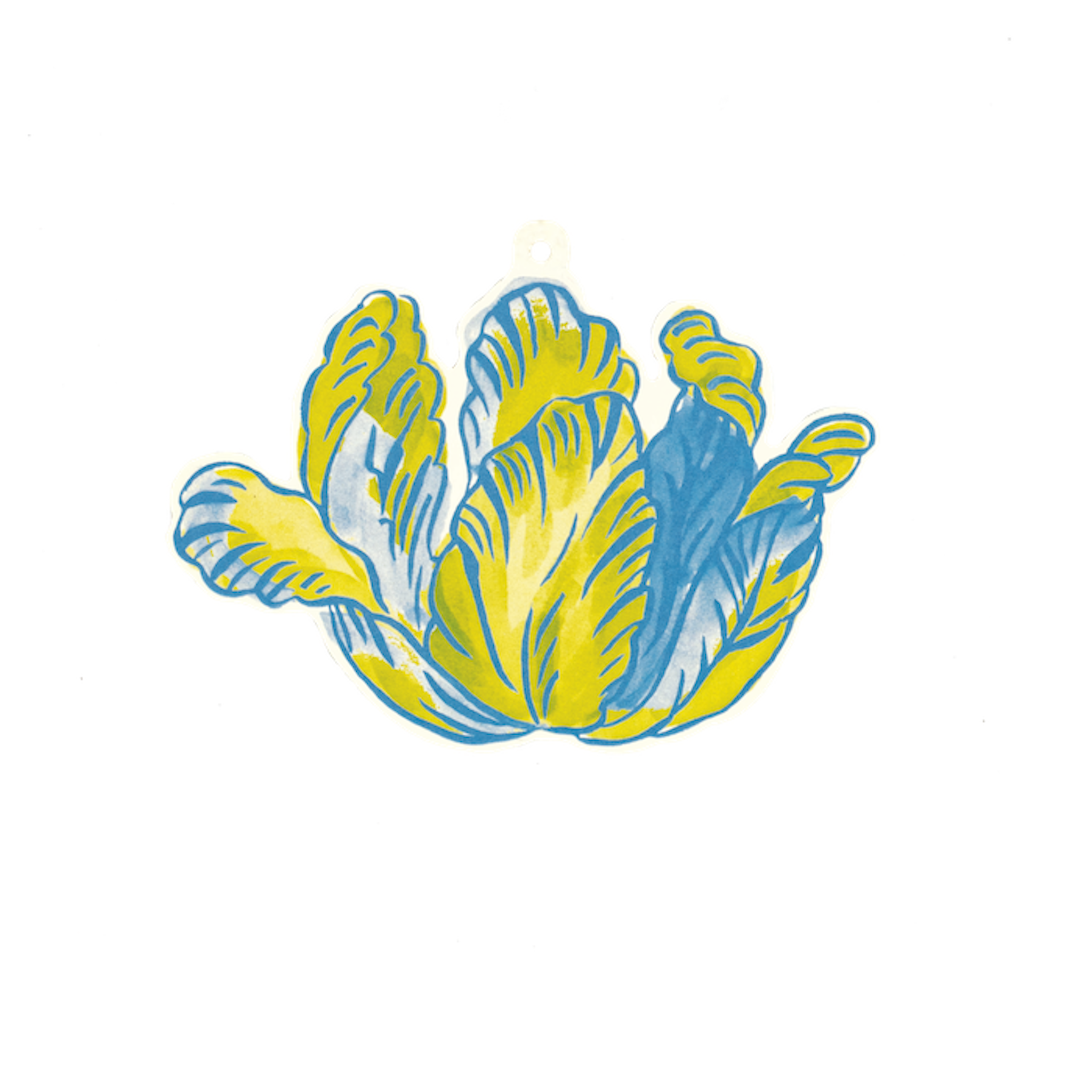 Illustration of a stylized, blue and yellow feathered design on a dark background, inspired by the Hester & Cook Jardiniere Gift Tag collaboration.