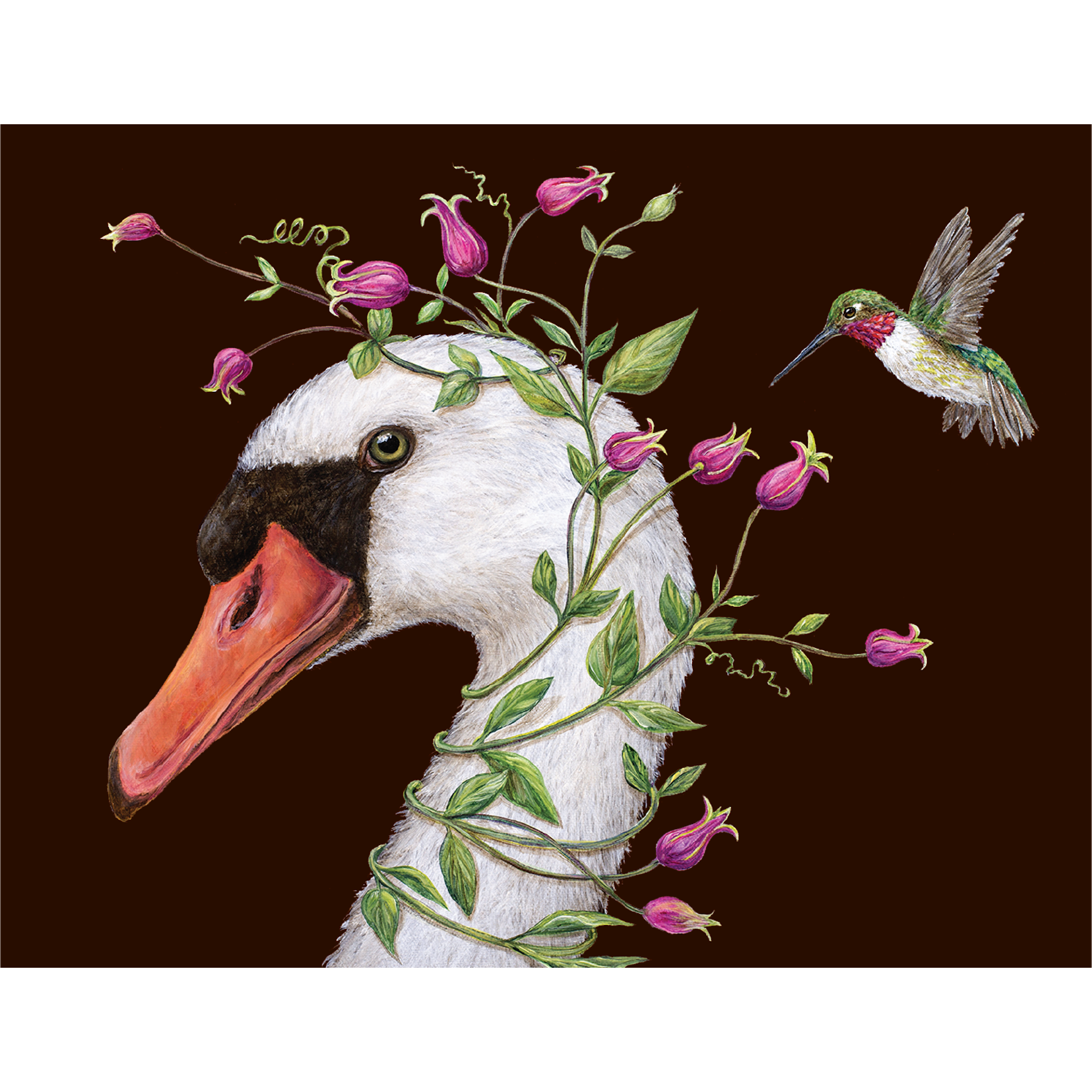 An artwork featuring a beautiful swan adorned with flowers on its head and accompanied by a graceful hummingbird, the Iris and Stanley Card by Hester & Cook.