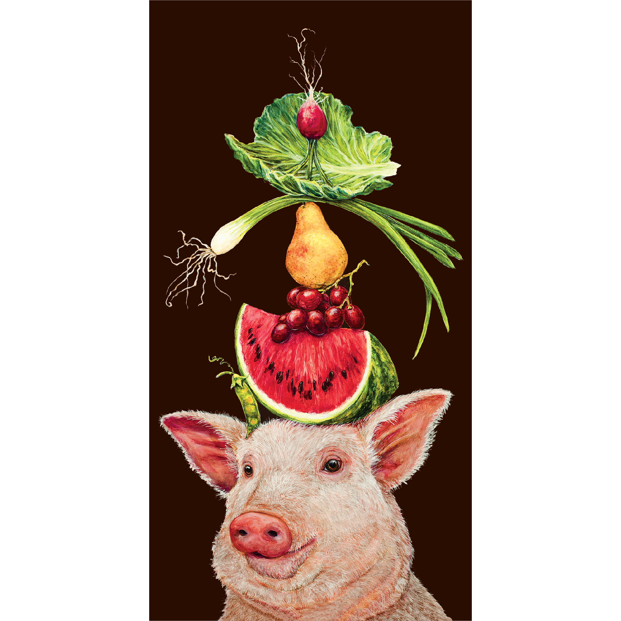 A dark brow greeting card featuring a charming illustration of a pink pig balancing a stack of fruits and vegetable on its head.