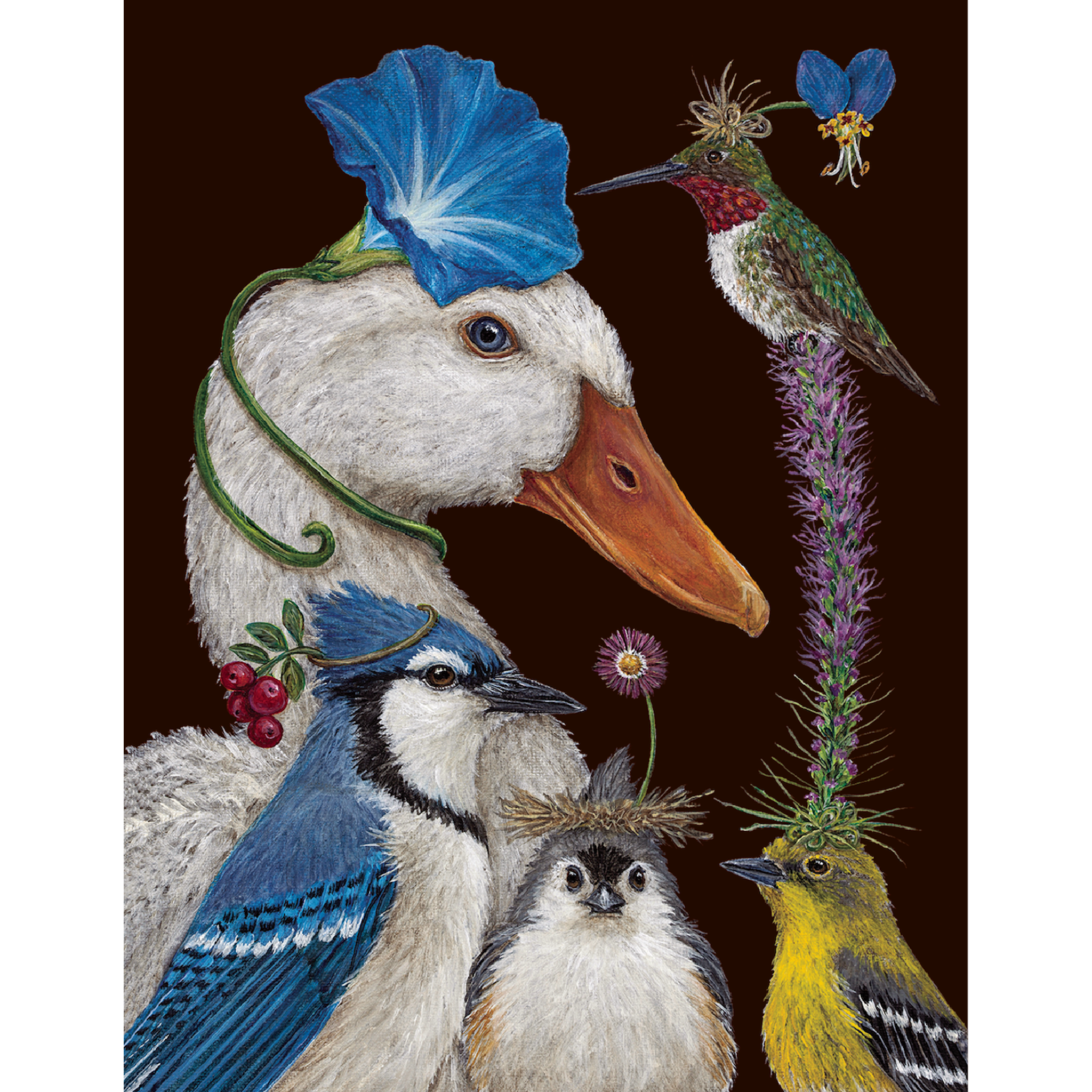A greeting card featuring a whimsical illustration of a duck with a flower crown, accompanied by smaller birds with flower hats, all depicted in a colorful and detailed art style.