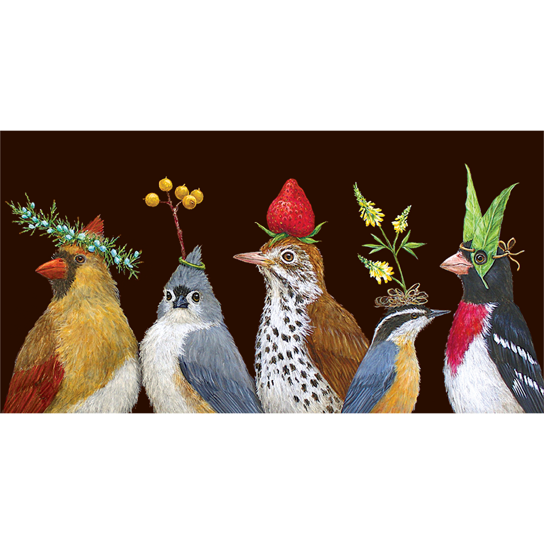 A painting of a group of songbirds with flowers on their heads, inspired by Hester &amp; Cook&
