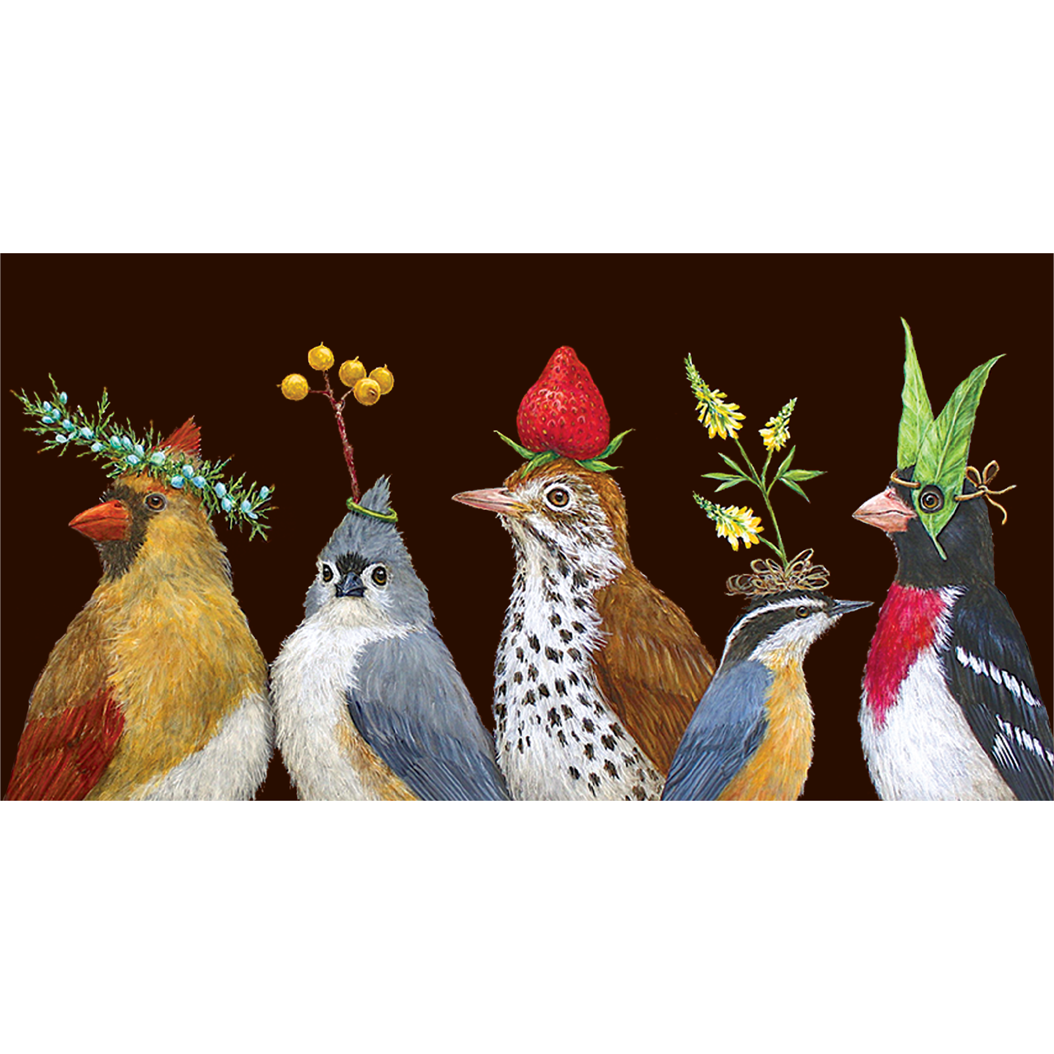 A dark brown greeting card featuring an illustrated group of songbirds wearing flowers on their heads as hats.