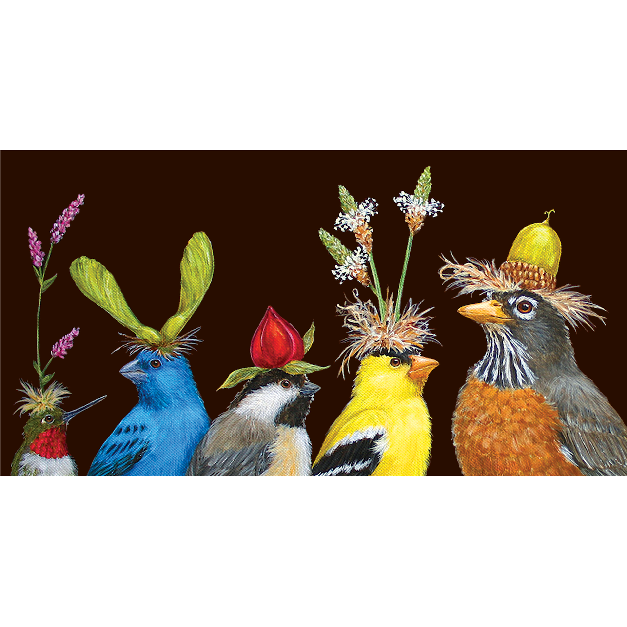 A dark brown greeting card featuring illustrated songbirds wearing flowers on their heads as hats.