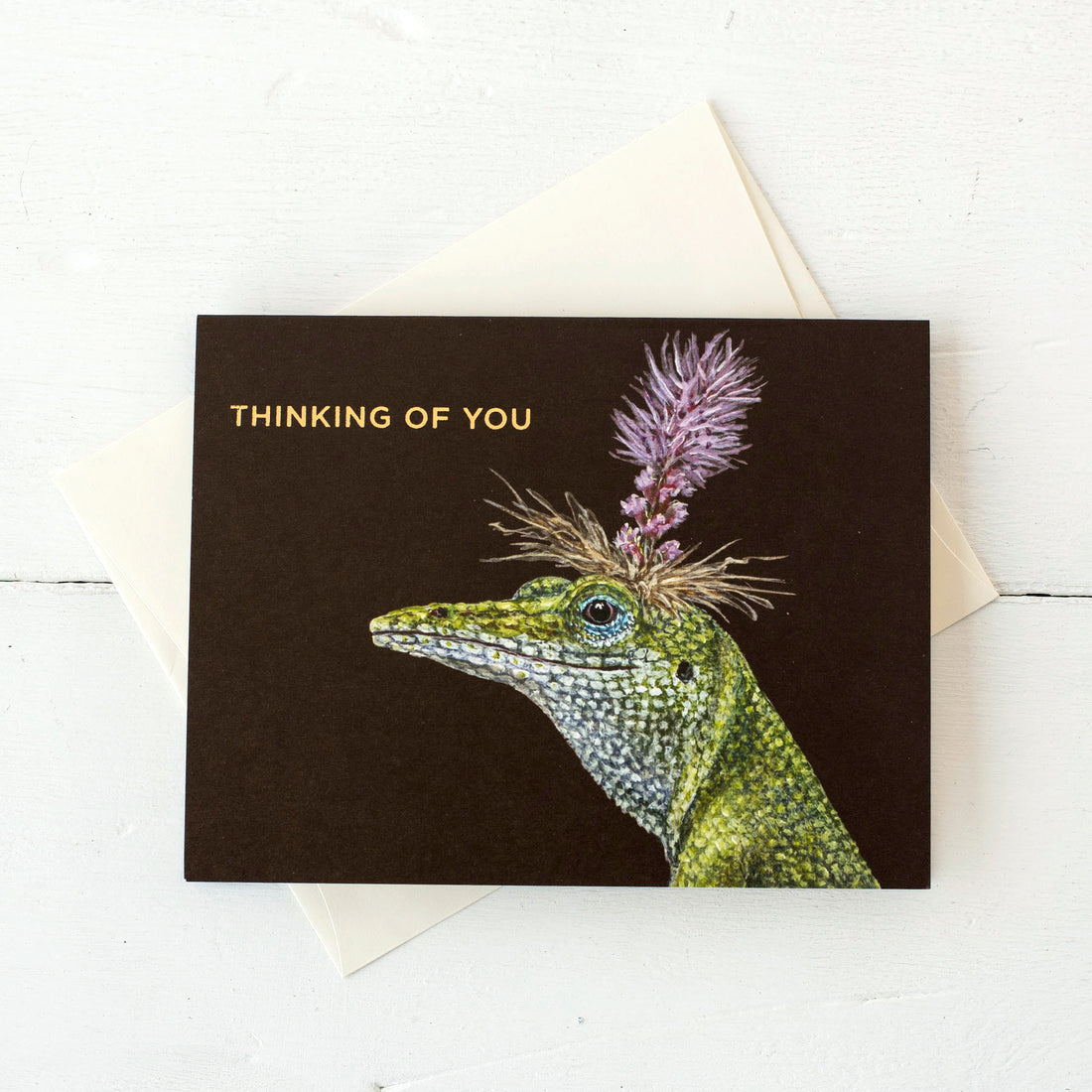 A Bella Lizard Card by Hester &amp; Cook, featuring a lizard, thinking of you.