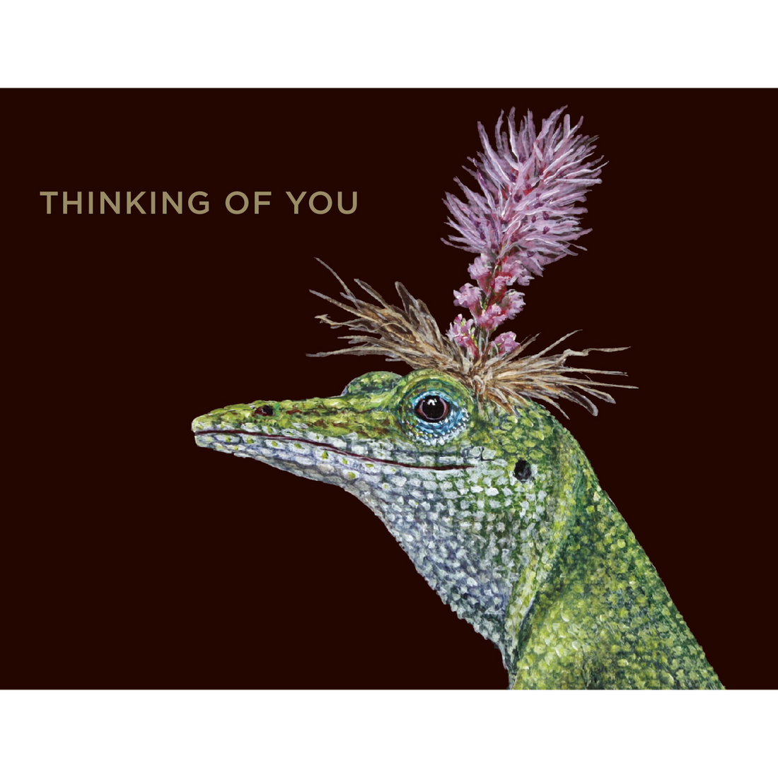 A Bella Lizard Card featuring artwork by Vicki Sawyer, showcasing a lizard with a flower on its head and the words &quot;thinking of you&quot; by Hester &amp; Cook.
