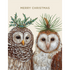 Two Winter Owls wearing pine cones on their heads with gold foiled lettering by Hester & Cook&