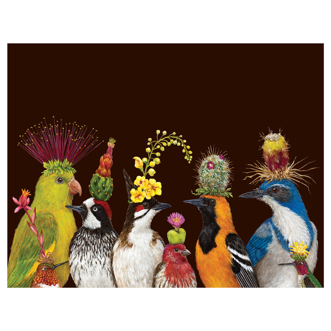 An artwork featuring a group of birds with cactus on their heads by Vicki Sawyer is displayed on the Desert Party Card by Hester &amp; Cook.