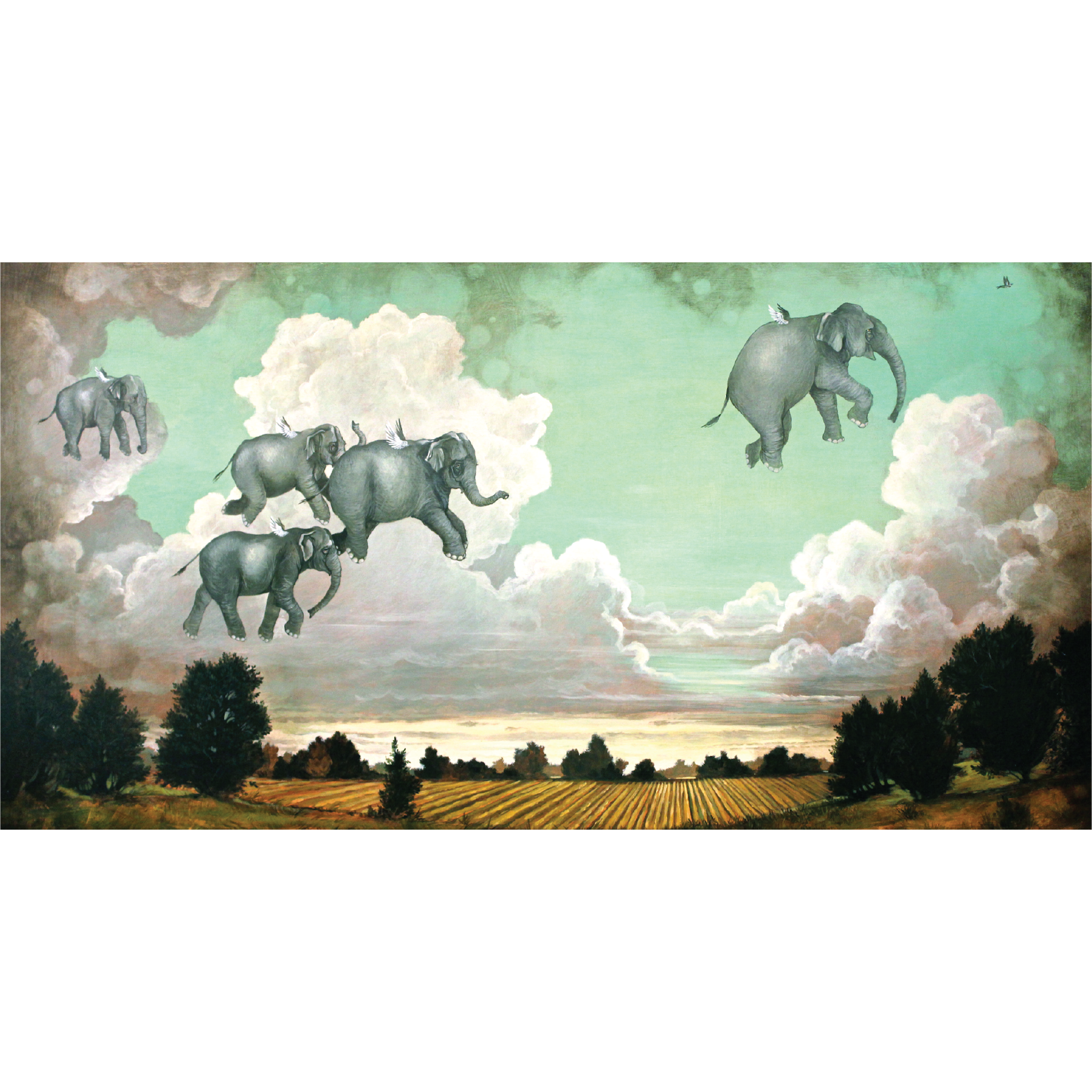 A whimsical illustration of five gray elephants flying through a cloudy teal sky with small white wings over a farm landscape.