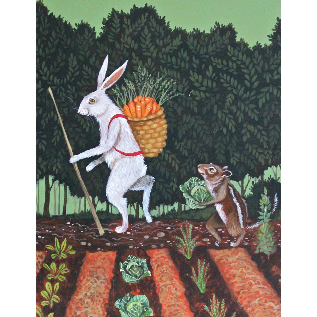 A whimsical illustration of a white rabbit and a striped chipmunk walking through a garden surrounded by lush greenery; the rabbit has a walking stick and a basket of carrots strapped to their back, and the chipmunk is carrying a head of cabbage.