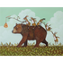 A whimsical illustration of a brown bear walking on four legs along a green field, with 5 brown and white rabbits riding on the bear&