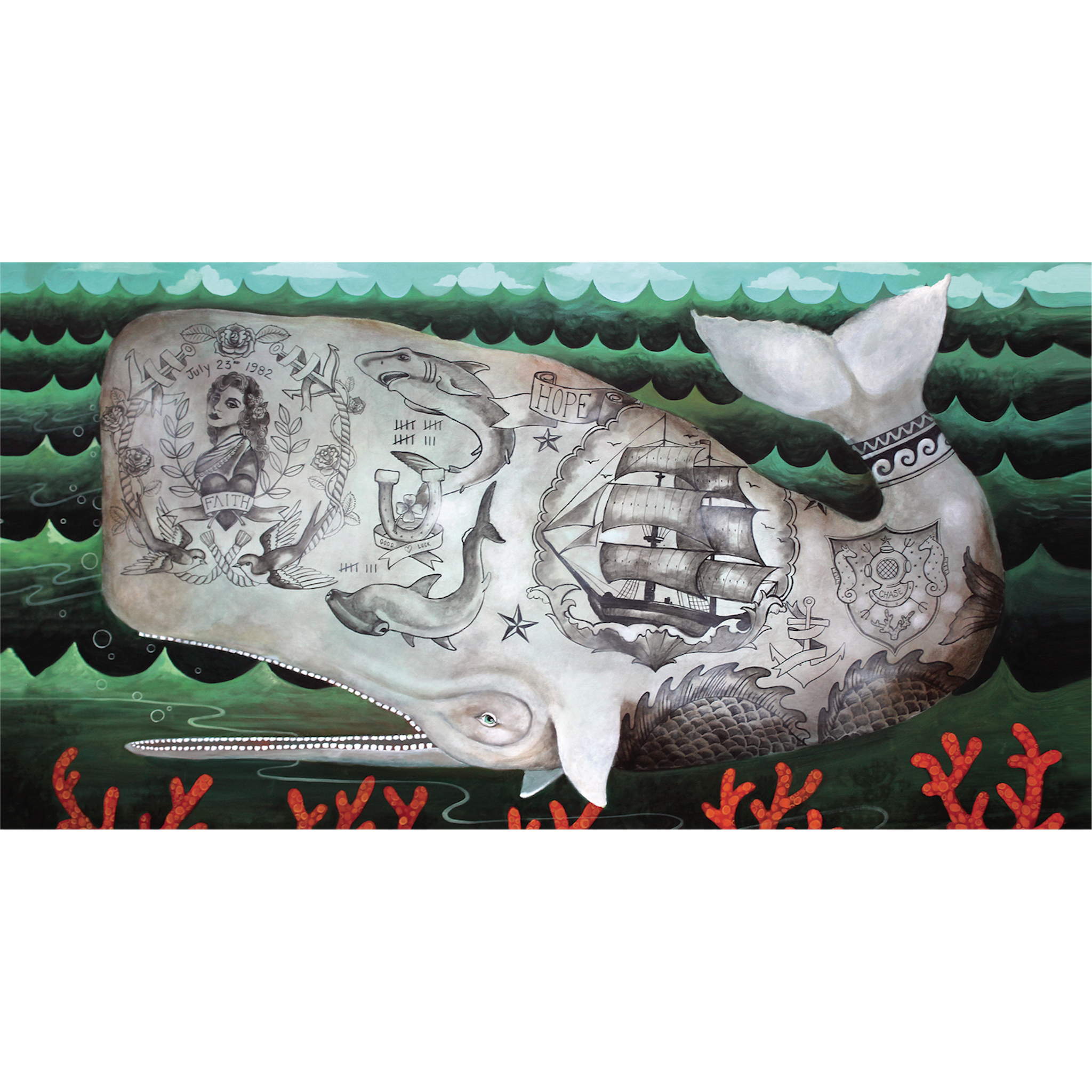 A whimsical illustration of a large white whale in a stylized green ocean, covered from nose to tail in classic sailor-style tattoos in gray scale.