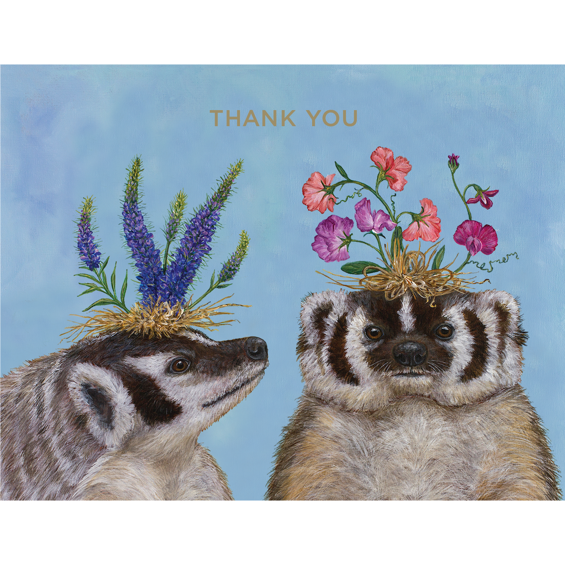 Whimsical artwork featuring two grateful badgers with flowers on their heads on a Hester &amp; Cook Thank You Badger Sisters Card.
