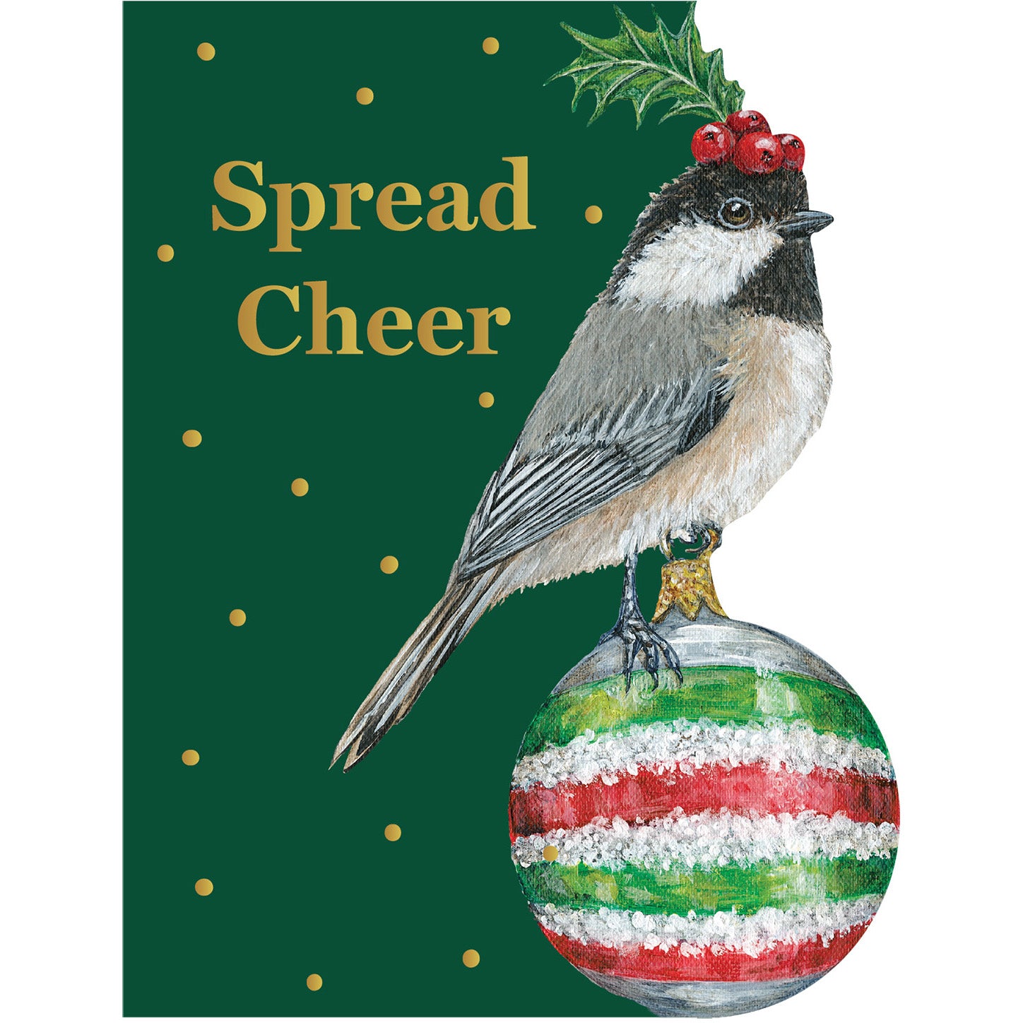 A Christmas greeting card featuring an illustration of a bird perched on a holiday ornament with the text &
