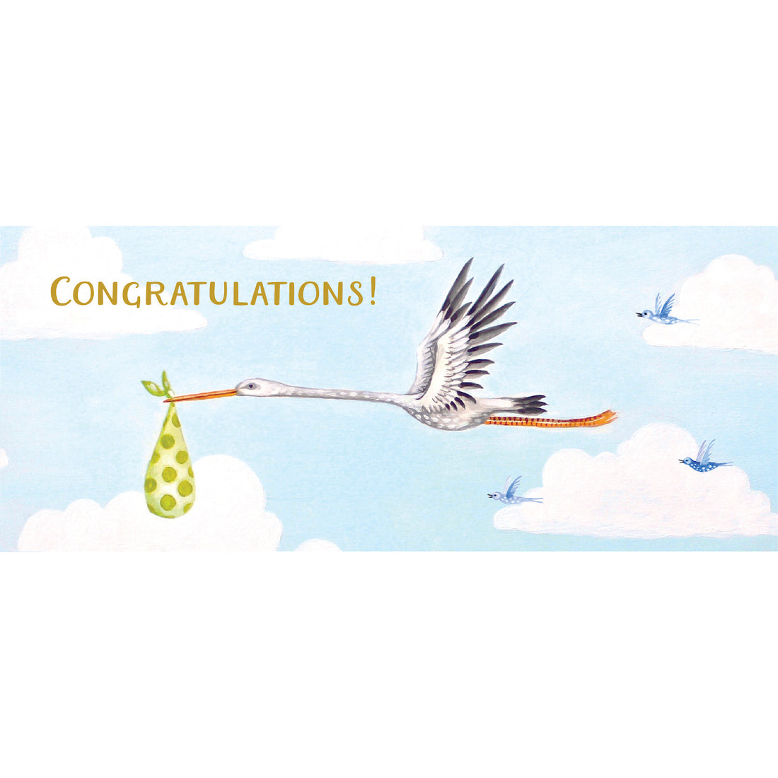 A whimsical illustration of a white stork flying through a cloudy blue sky with a spotted green bundle hanging from their beak, with &quot;CONGRATULATIONS!&quot; printed in gold above the bird.