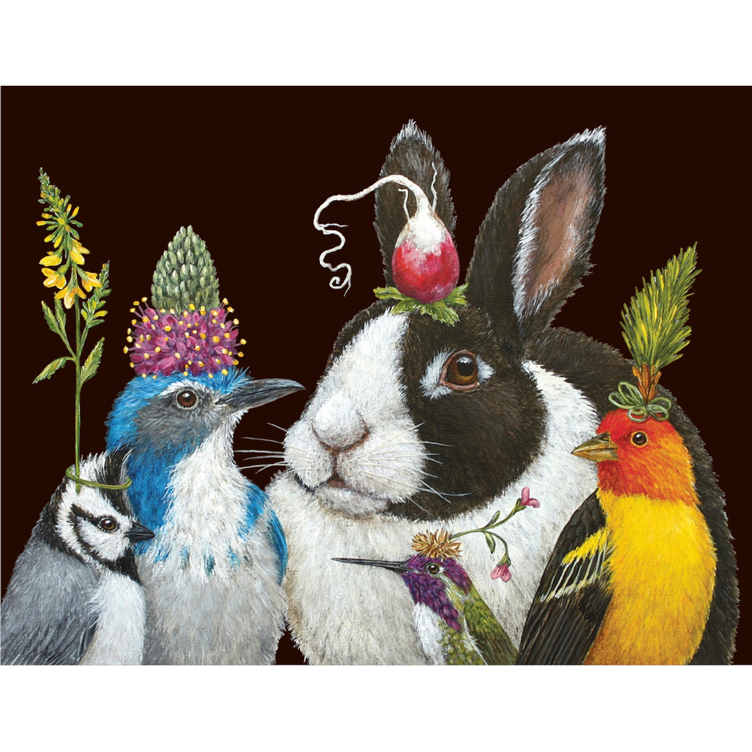 A greeting card with an illustration of a rabbit and four birds with floral headdresses on a dark background. The card is blank inside.