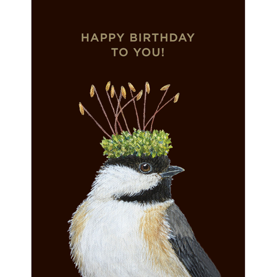A Hester &amp; Cook Birthday Chickadee Card with a chickadee wearing a crown of plants.