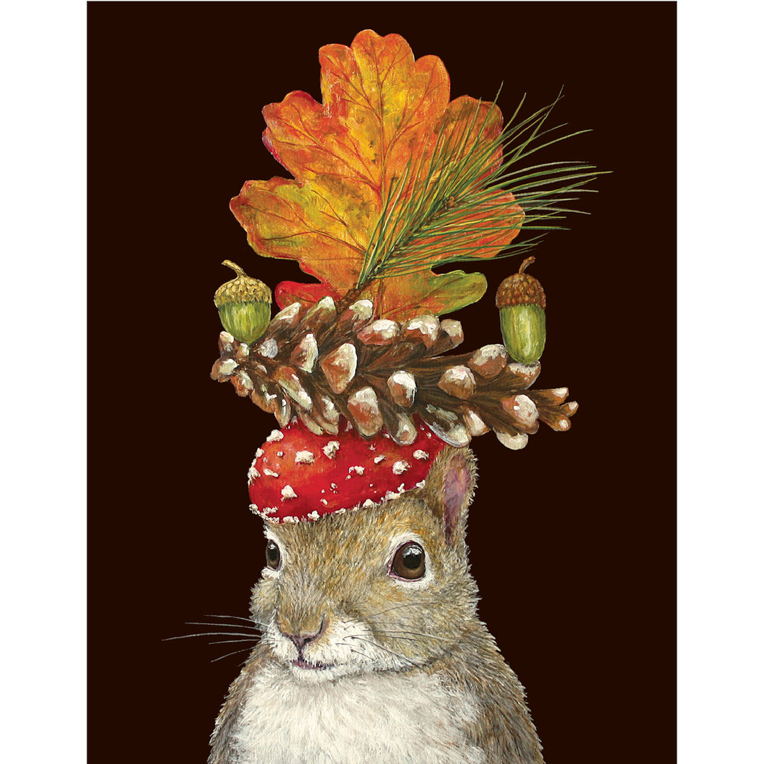 A Hester &amp; Cook Autumn Squirrel Card featuring a squirrel wearing a hat adorned with leaves and pine cones.