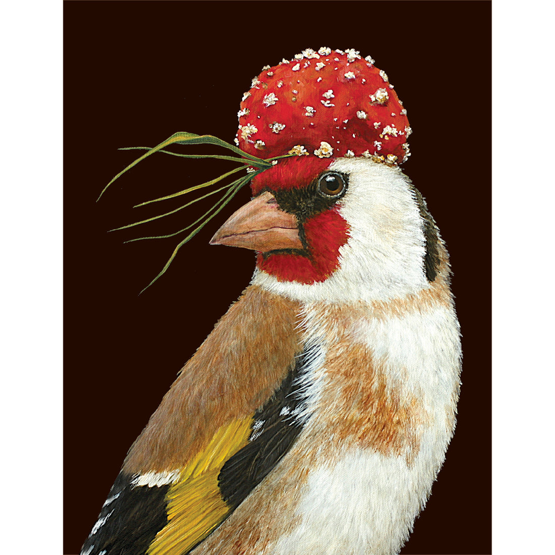 A painting of Chauncey the Goldfinch with a strawberry hat, perfect as an occasion card artwork by Hester &amp; Cook.
