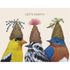 Three birds wearing party hats with the distinctive artwork of Hester & Cook&