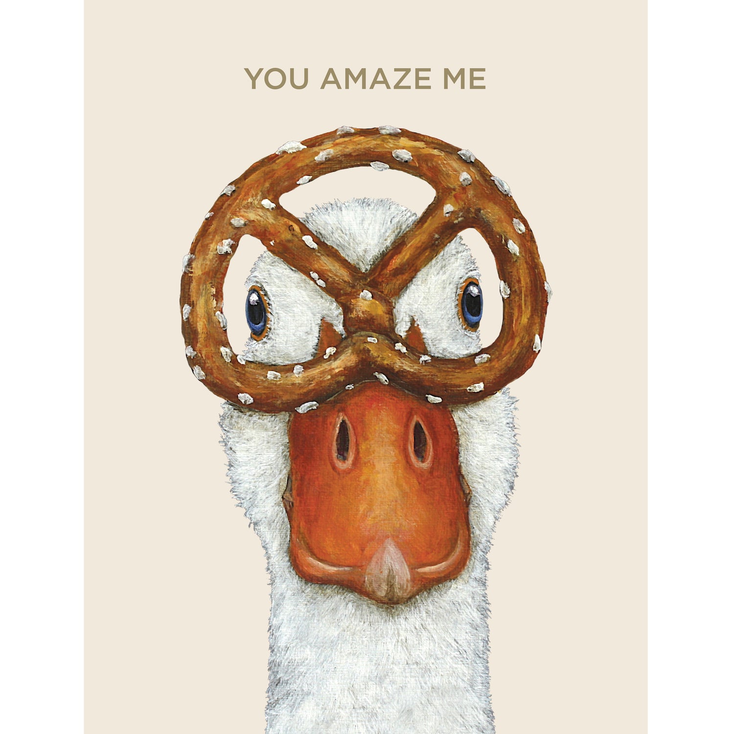 A cream greeting card featuring a whimsical illustration of a white duck&