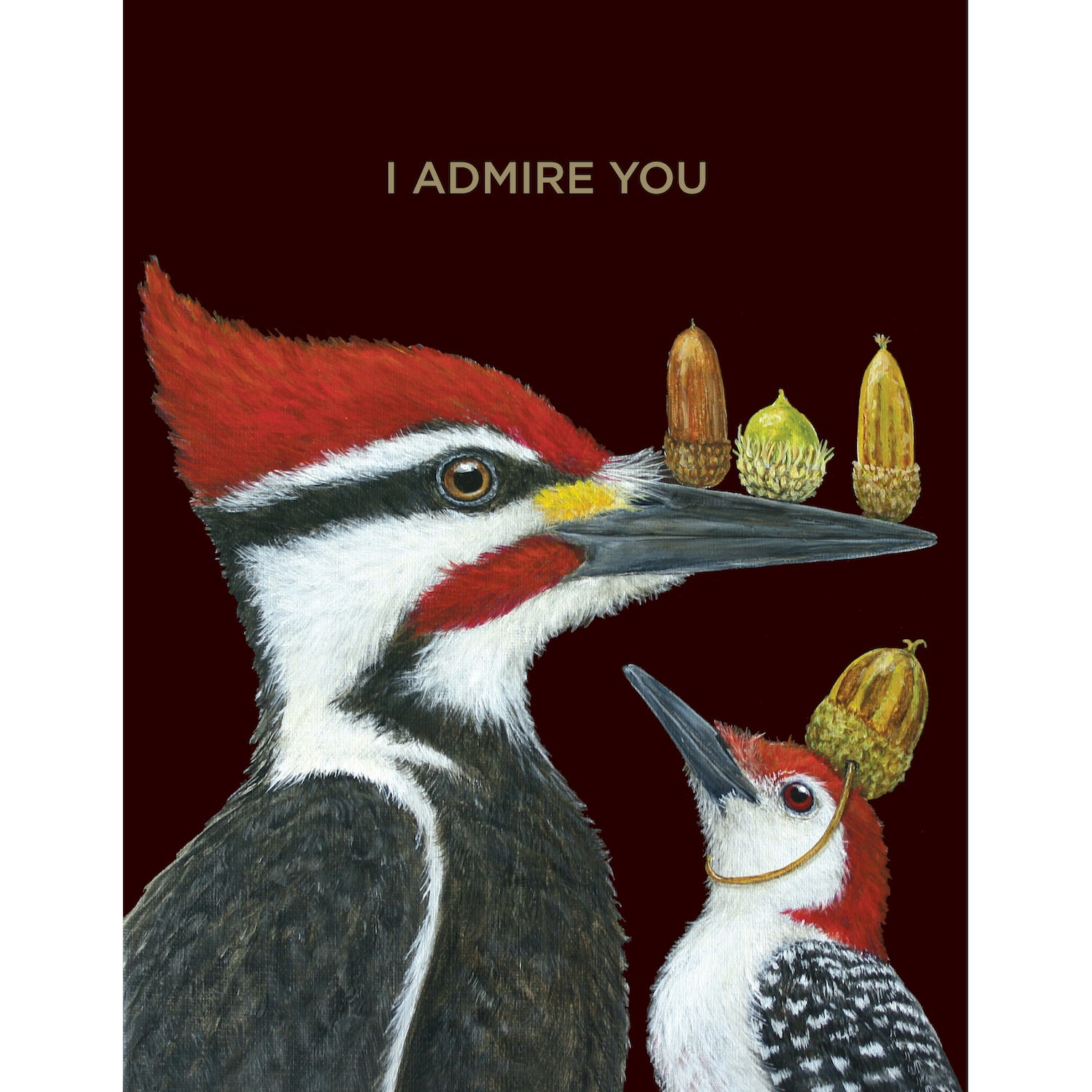 A dark brown greeting card featuring an illustration of a vibrant adult woodpecker balancing 3 acorns on its beak, next to a young woodpecker wearing an acorn on its head as a hat. Gold foil text at the top of the card reads, "I ADMIRE YOU".